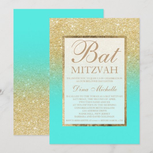 Goudglitter elegant aqua blauwgroen chic Bat Mitzv Kaart (Voorkant / Achterkant)