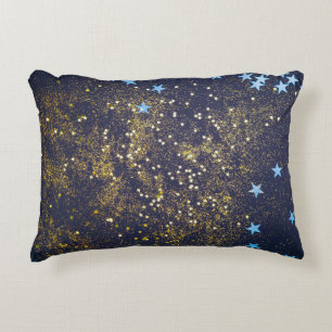 Goudglitter en glittering blauwe sterren op zwarte accent kussen