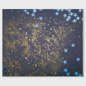 Goudglitter en glittering blauwe sterren op zwarte cadeaupapier (Vlak)