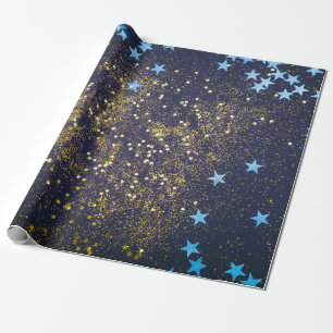Goudglitter en glittering blauwe sterren op zwarte cadeaupapier