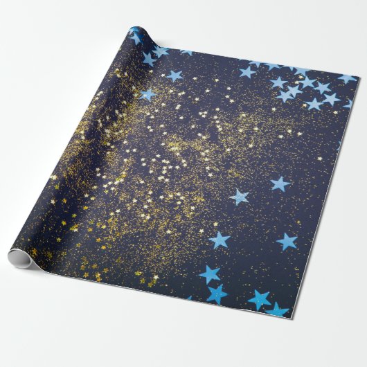 Goudglitter en glittering blauwe sterren op zwarte cadeaupapier (Uitgerold)