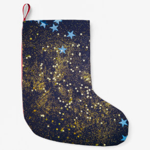 Goudglitter en glittering blauwe sterren op zwarte kleine kerstsok