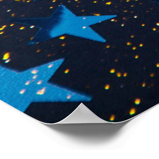 Goudglitter en glittering blauwe sterren op zwarte poster (Hoek)