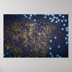 Goudglitter en glittering blauwe sterren op zwarte poster