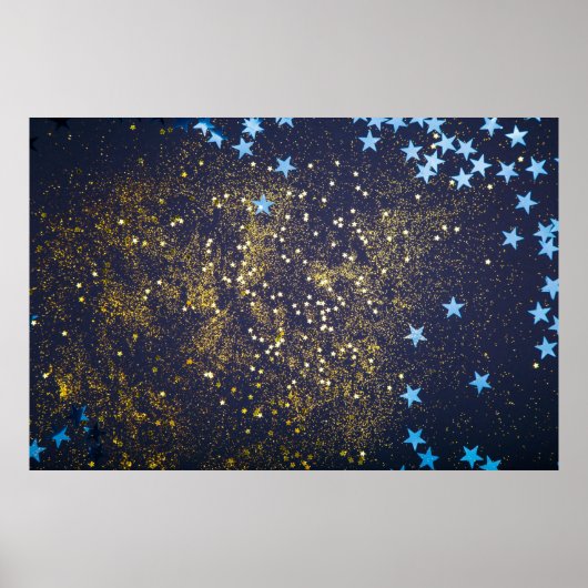 Goudglitter en glittering blauwe sterren op zwarte poster (Voorkant)