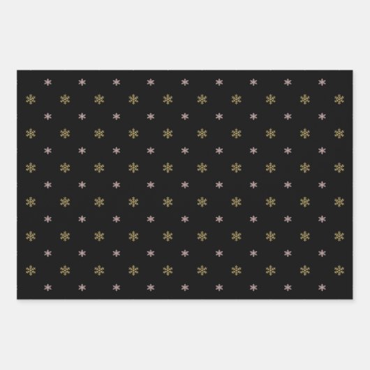Goudglitter en roze sneeuwvlokken op zwarte kerst inpakpapier vel (Voorkant 2)