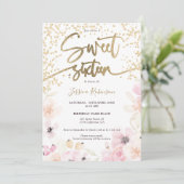 Goudglitter florale waterverf girale roze kaart (Staand voorkant)