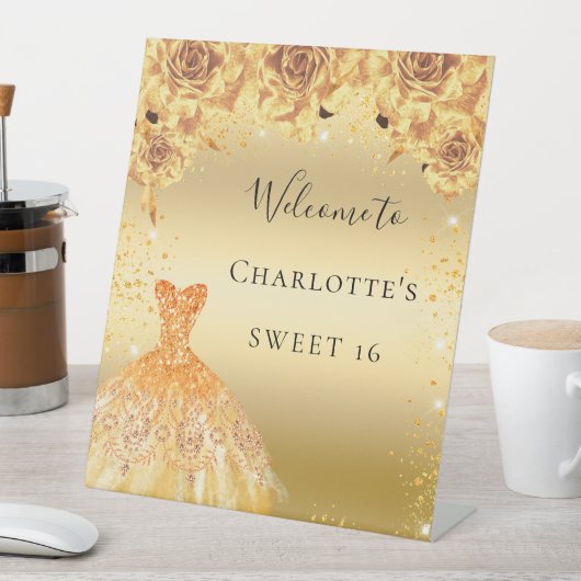 Goudglitter-kledingbloemen, fijn reclamebord met voetstuk (Insitu)