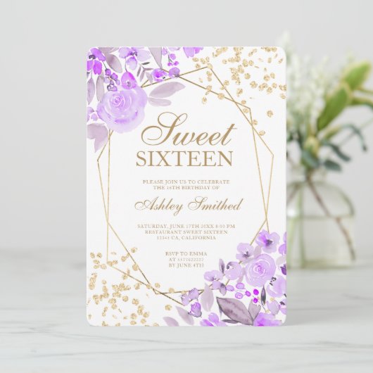 Goudglitter lavender florale waterverf Sweet 16 Kaart (Staand voorkant)