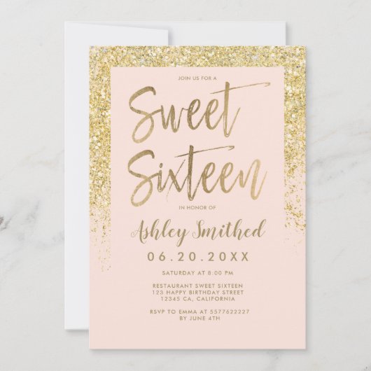 goudglitter licht roze foto zestien kaart (Voorkant)