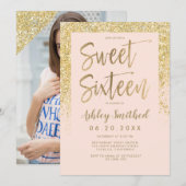 goudglitter licht roze foto zestien kaart (Voorkant / Achterkant)