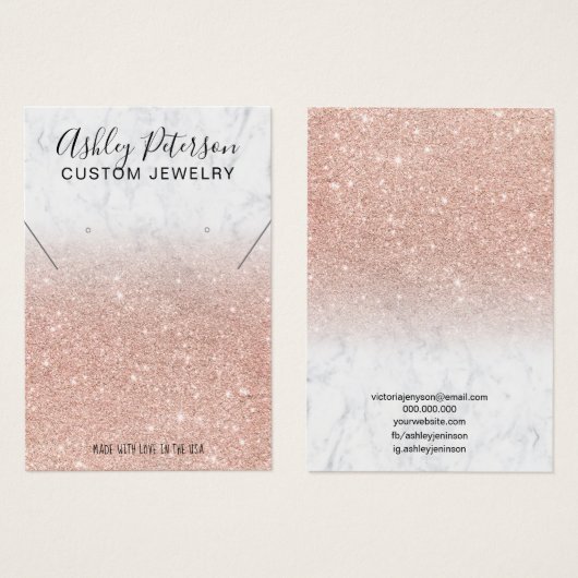 Goudglitter met marmer roos oorringen ketting disp visitekaartje (Voorkant /achterkant)