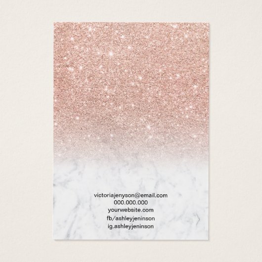 Goudglitter met marmer roos oorringen ketting disp visitekaartje (Achterkant)