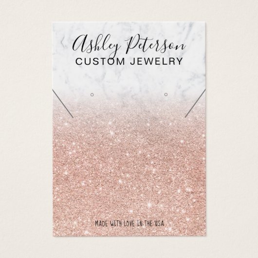 Goudglitter met marmer roos oorringen ketting disp visitekaartje (Voorkant)