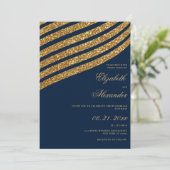 goudglitter navy blue geometric abstract bruiloft kaart (Staand voorkant)