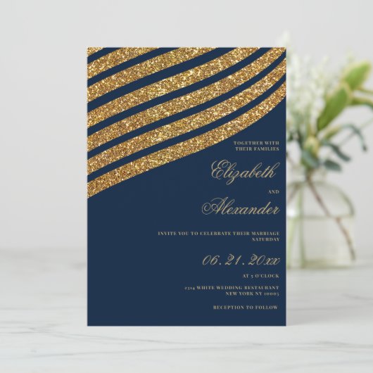 goudglitter navy blue geometric abstract bruiloft kaart (Staand voorkant)