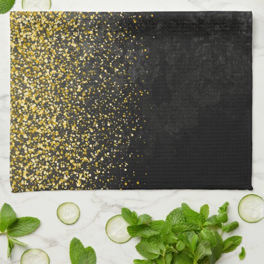 Goudglitter op zwarte marmer theedoek (Gevouwen)