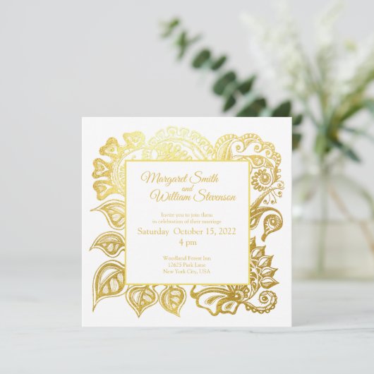 goudglitter ornament bruiloft kaart (Staand voorkant)