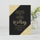 Goudglitter stripe typografie zwarte bruiloft kaart (Staand voorkant)