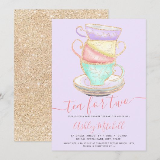 Goudglitter theebeker waterverf paars baby shower kaart (Voorkant / Achterkant)