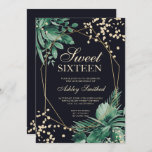 Goudglitter tropische waterverf navy Sweet 16 Kaart<br><div class="desc">Groene tropische waterverf en gouden glitter confetti typografie Sweet 16 verjaardag met hand geschilderde groene waterverf bladtakken op donkerblauw,  perfect voor het lente- en zomerfeest.</div>