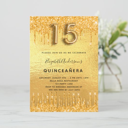goudglitter van de partij Quinceanera druppelt gla Kaart (Staand voorkant)