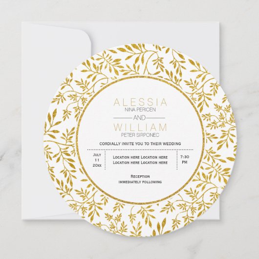 Goudglitter verlaat patroon moderne bruiloft kaart (Voorkant)