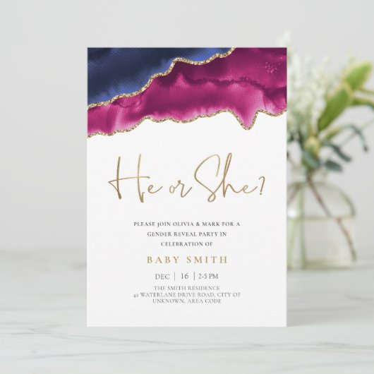 Goudglitter waterverf gender onthullen uitnodiging (Staand voorkant)