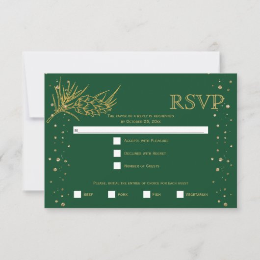 Goudglitterden, confetti green winter bruiloft RSVP kaartje (Voorkant)
