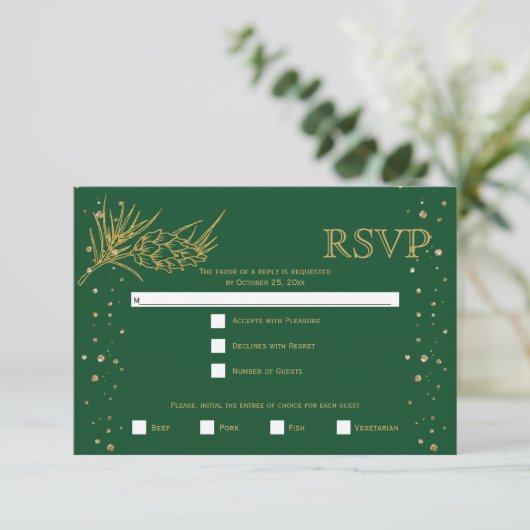 Goudglitterden, confetti green winter bruiloft RSVP kaartje (Staand voorkant)