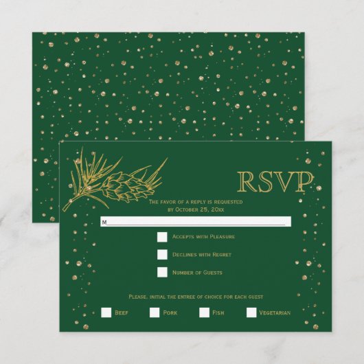Goudglitterden, confetti green winter bruiloft RSVP kaartje (Voorkant / Achterkant)