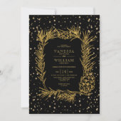 Goudglitterden, confetti zwarte winterbruiloft kaart (Voorkant)