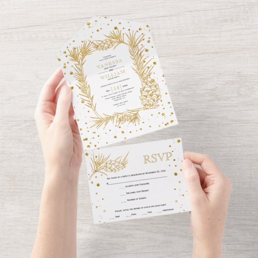 Goudglitterden en confetti winter bruiloft all in one uitnodiging (Afscheurbaar)