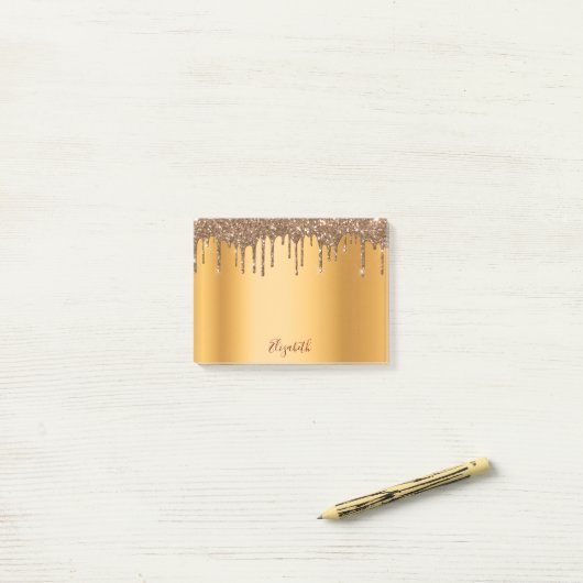 Goudglitterdrip metaalnaam post-it® notes (Op bureau)