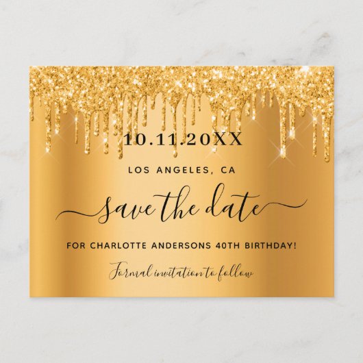 goudglitterdruppels op feestdag, behalve de datum aankondigingskaart (Voorkant)