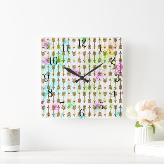 Goudglittereffect pijlen waterverven splatters vierkante klok (Huis)