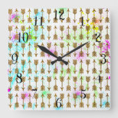 Goudglittereffect pijlen waterverven splatters vierkante klok (Voorkant)