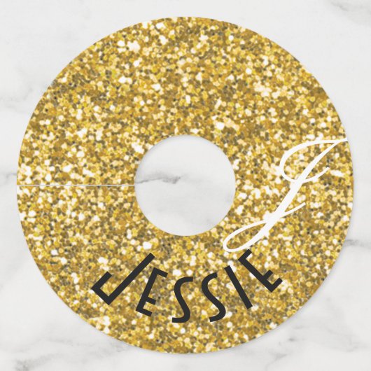 Goudglittermonogram Wijnglaslabel (Voorkant)
