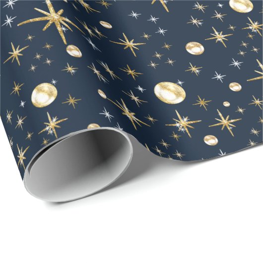 Goudglittersterren, blauw en goud, verpakkingspapi cadeaupapier (Rol Hoek)