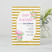 Goudglitterveelhoek, theebekers floreel baby showe kaart (Staand voorkant)