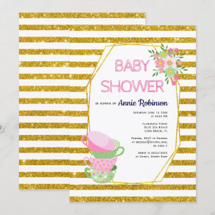 Goudglitterveelhoek, theebekers floreel baby showe kaart