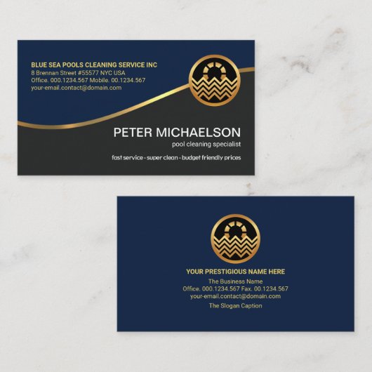 Goudgolven stijlvolle blauwe grijze lagen zwembad visitekaartje (Voorkant / Achterkant)