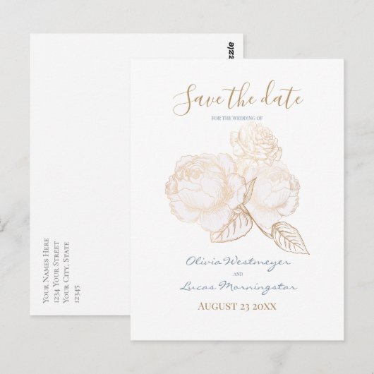Goudgoud Roos Stusty Blue Ivory Save the Date Briefkaart (Voorkant / Achterkant)