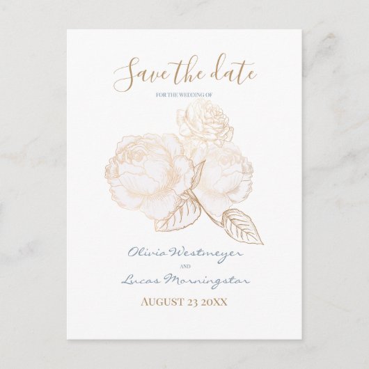 Goudgoud Roos Stusty Blue Ivory Save the Date Briefkaart (Voorkant)