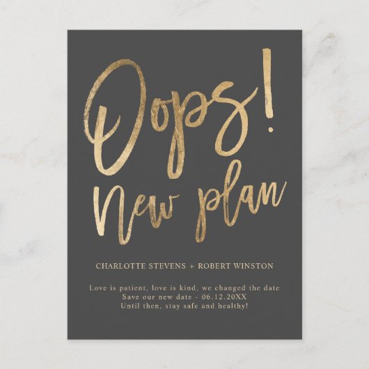 Goudgrijs nieuw plan bruiloft datum wijzigen aankondigingskaart (Voorkant)