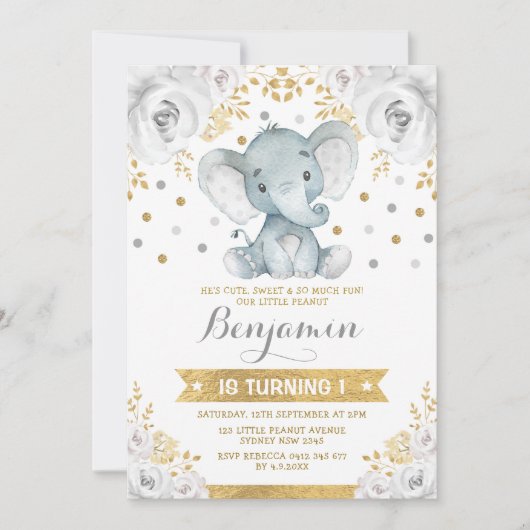 Goudgrijs Oerwoud Olifant 1e Verjaardagsfeest Kaart (Voorkant)