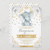 Goudgrijs Oerwoud Olifant 1e Verjaardagsfeest Kaart (Voorkant / Achterkant)