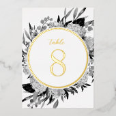 Goudgrijs Waterverf Bloemen Trouwtafel Nummer Folie Uitnodiging (Voorkant)