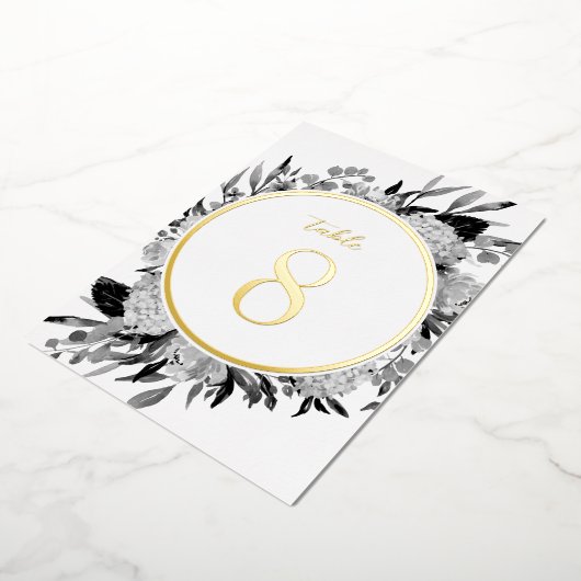 Goudgrijs Waterverf Bloemen Trouwtafel Nummer Folie Uitnodiging (Gedraaid)