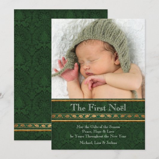 Goudgroen Damask Babys Eerste Kerst Kaart (Voorkant / Achterkant)